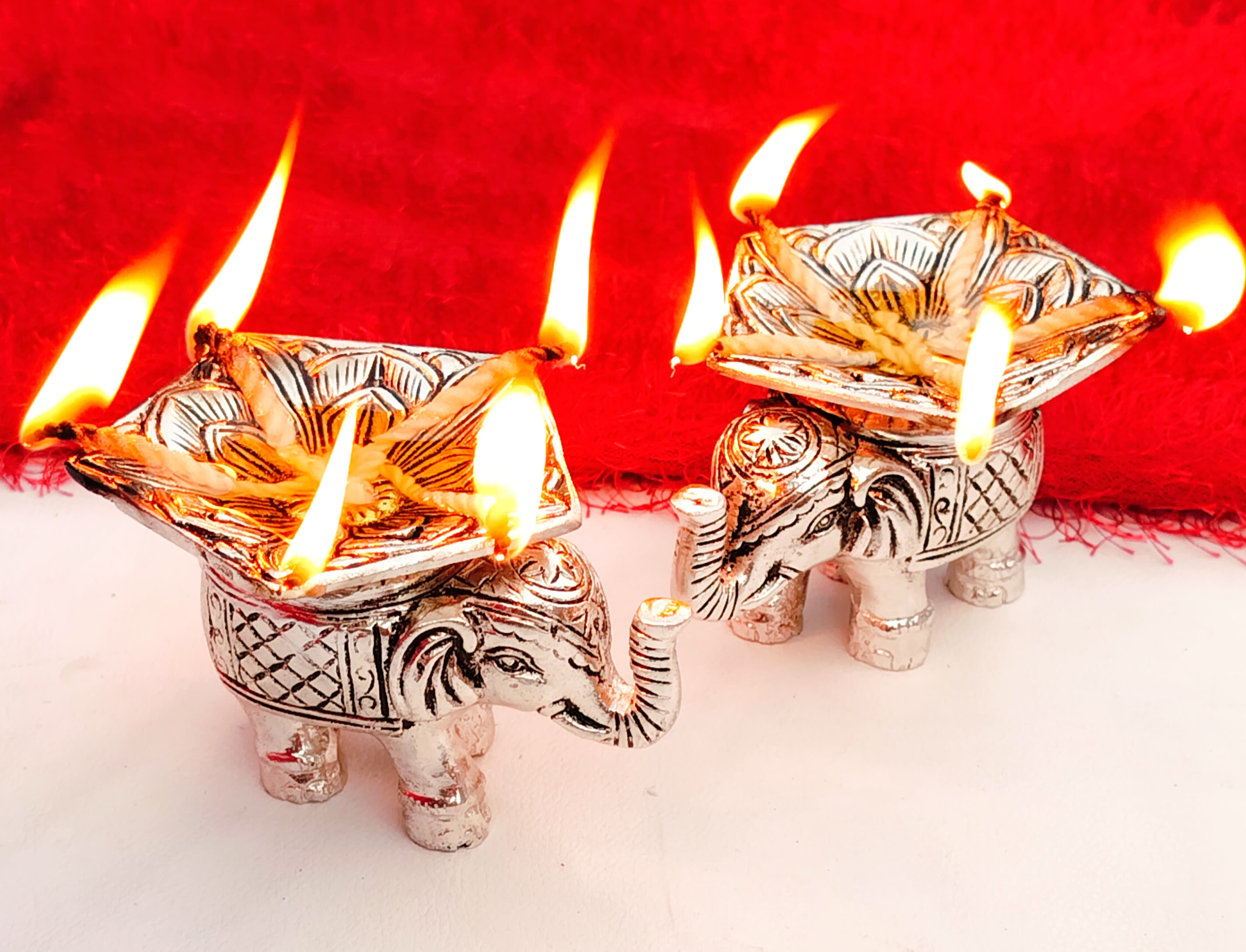 Antique German Silver Elephant Panchmukhi Diya Set of 2 with Velvet Box